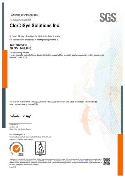 ClorDiSys ISO 13485 Certificate