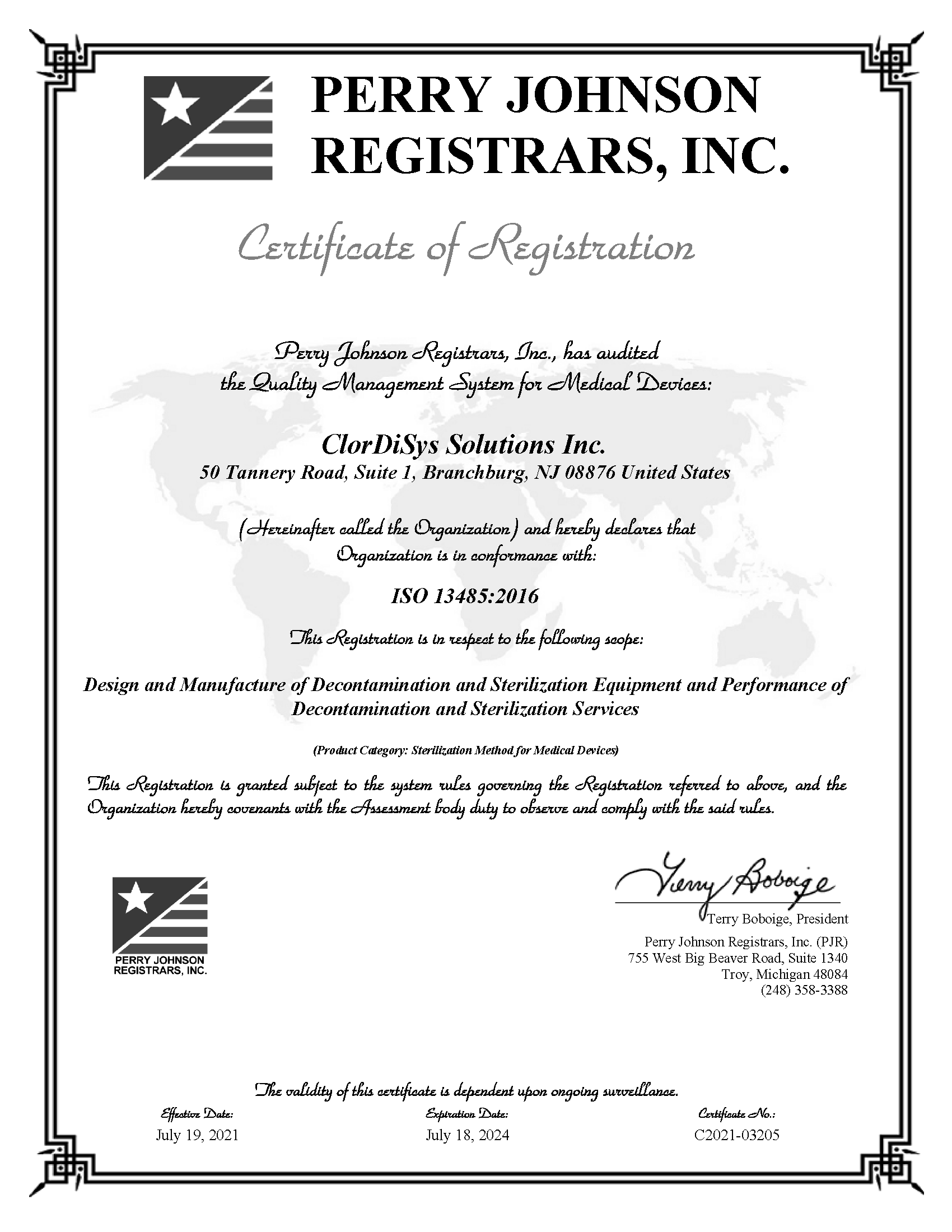 ClorDiSys ISO 13485 Certificate